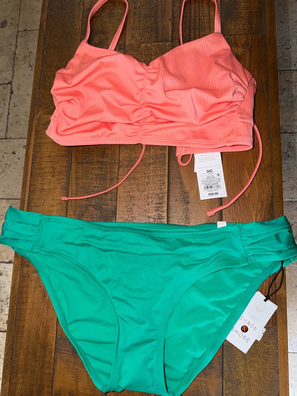 Target Pink Coral Bikini Top with Green Bikini Bottom
